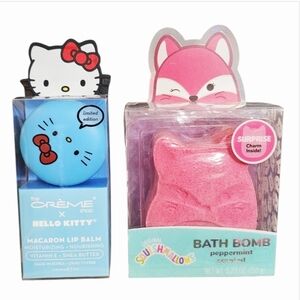 The Crème Shop x Hello Kitty Macaron Lip Balm and Squishmallows Bath Bomb, NWT